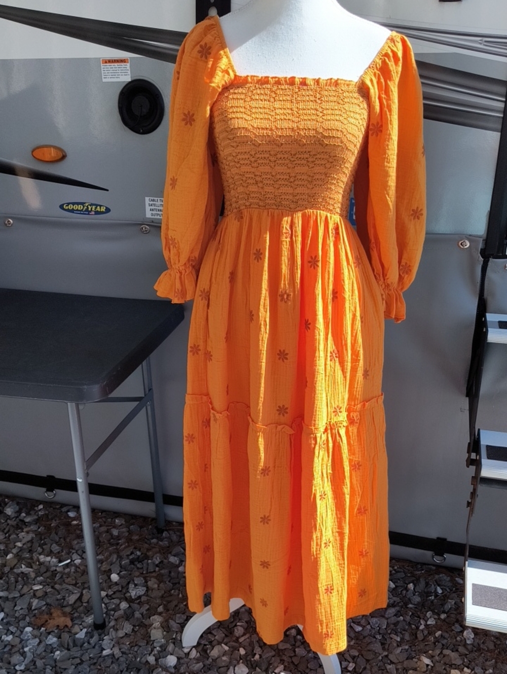 Orange Smocked Maxi Dress with Puff Sleeves, Small